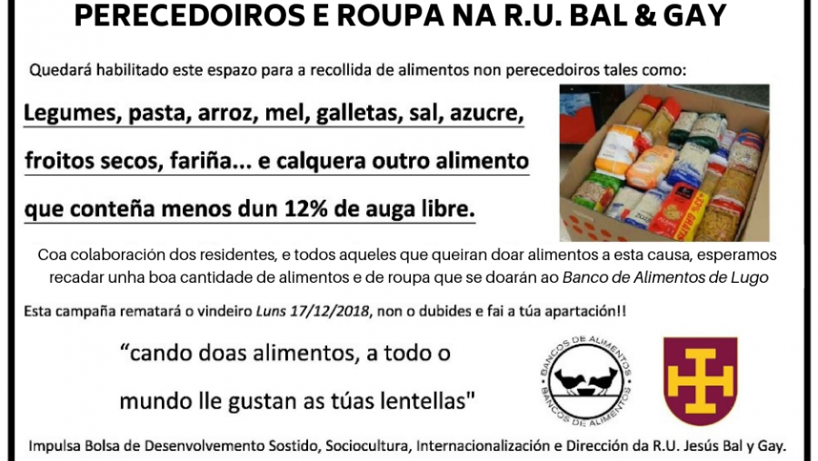 A Residencia Universitaria Bal y Gay impulsa unha campaña de recollida de roupa e alimentos