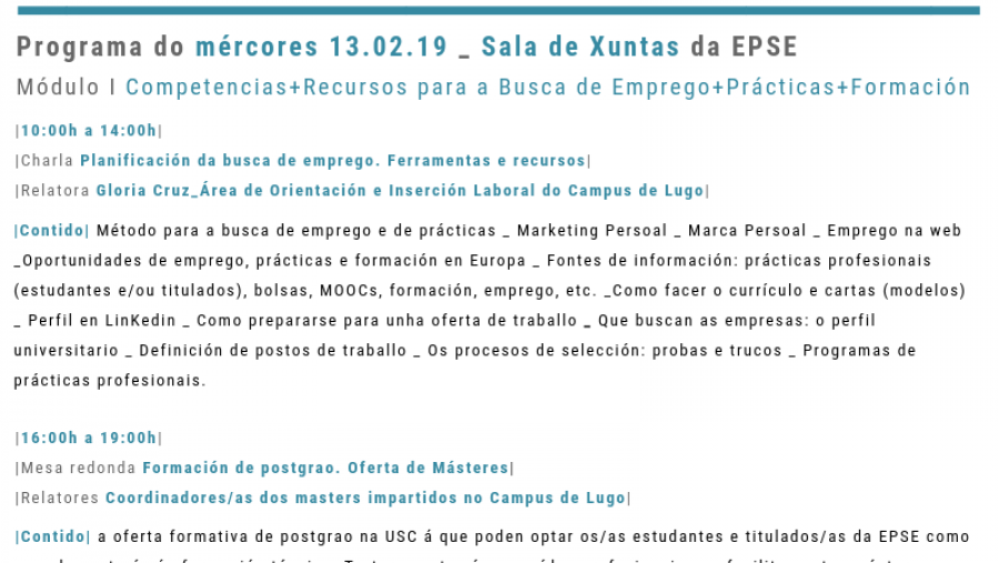 Últimos días para formalizar a inscrición nas tres xornadas de orientación laboral dirixidas a estudantes e egresados da EPSE