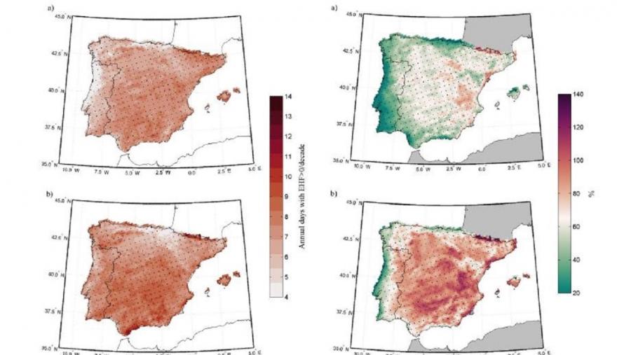Mapas de evolución do índice EHF máximo proxectado para 2021-2050 respecto do período anterior