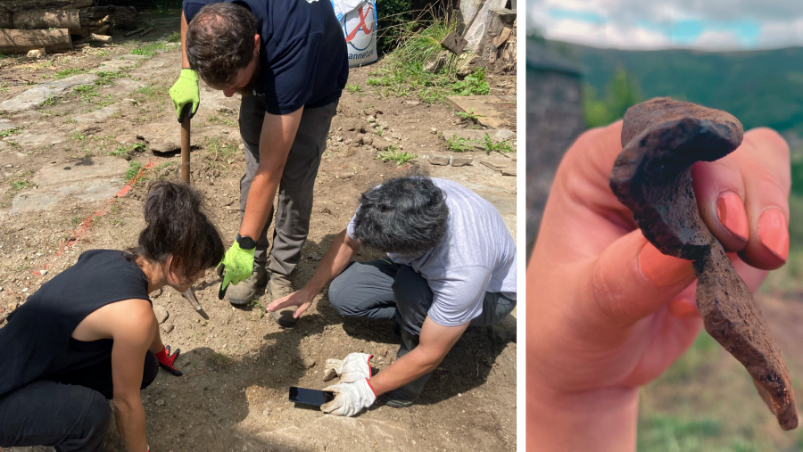 O equipo investigador analiza a posición das sepulturas do xacemento na compaña do veciño Miguel Chao (imaxe esquerda). Cerámica documentada na sondaxe 100 (dereita)