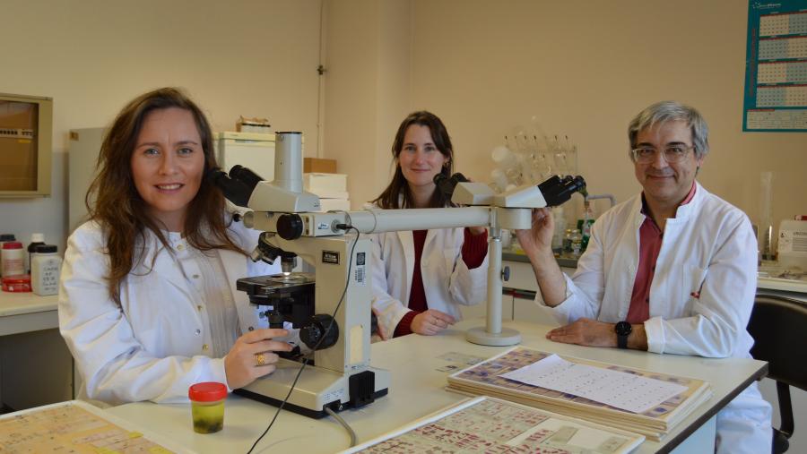 Sara Ruiz Rubio, Irene Ortiz Leal e Pablo Sánchez Quinteiro, no laboratorio de Anatomía da Facultade de Veterinaria