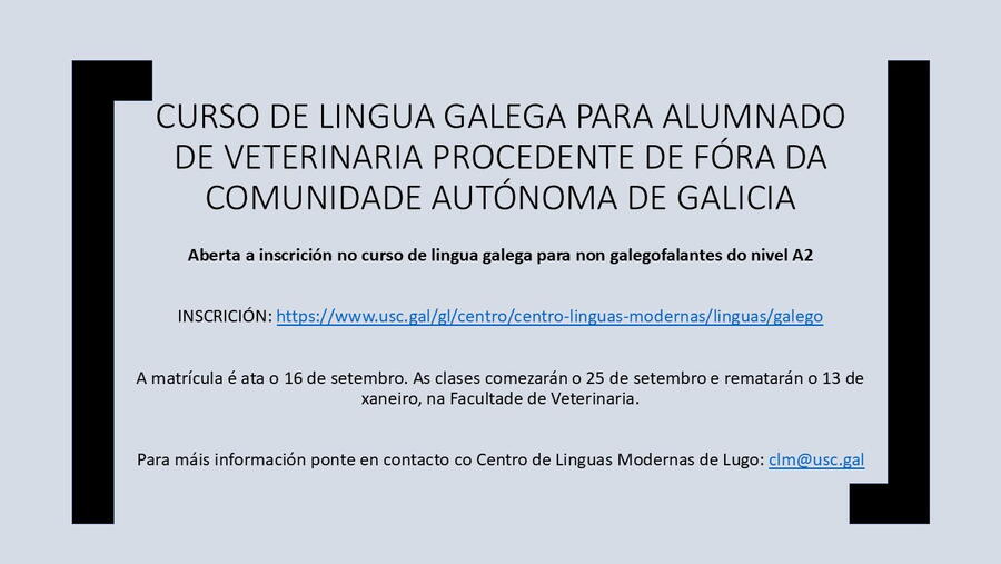 Curso de lengua gallega para no gallegoparlantes nivel A2. El plazo de inscripción finaliza el 16 de septiembre.